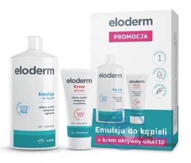 opakowanie-Eloderm Emulsja do kąpieli + próbka Eloderm krem aktywny 75 ml od 1-go dnia życia